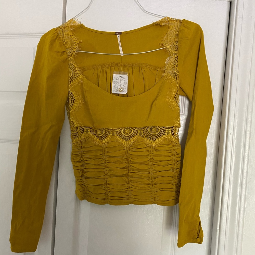 Free People Yellow Lace Detail Top
